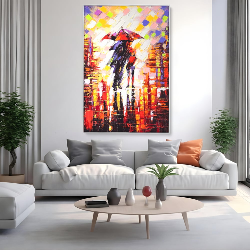 Tablou canvas cu tablou canvas cu cuplu sub umbrela, in rama de aluminiu argintiu, pe perete intr-un living